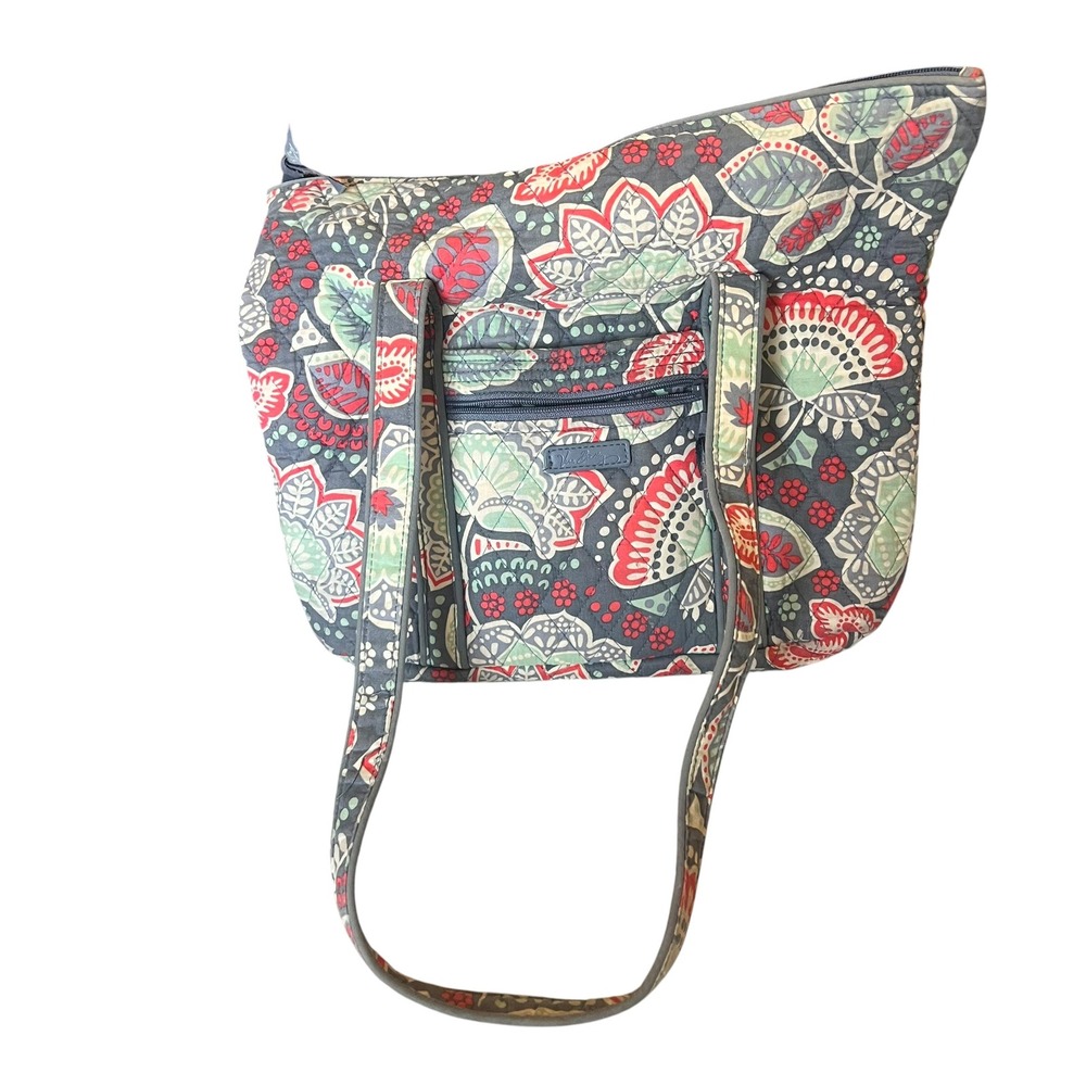 Vera Bradley Petal Paisley Quilted Cotton Tote Bag Shoulder Purse Grey Red Green